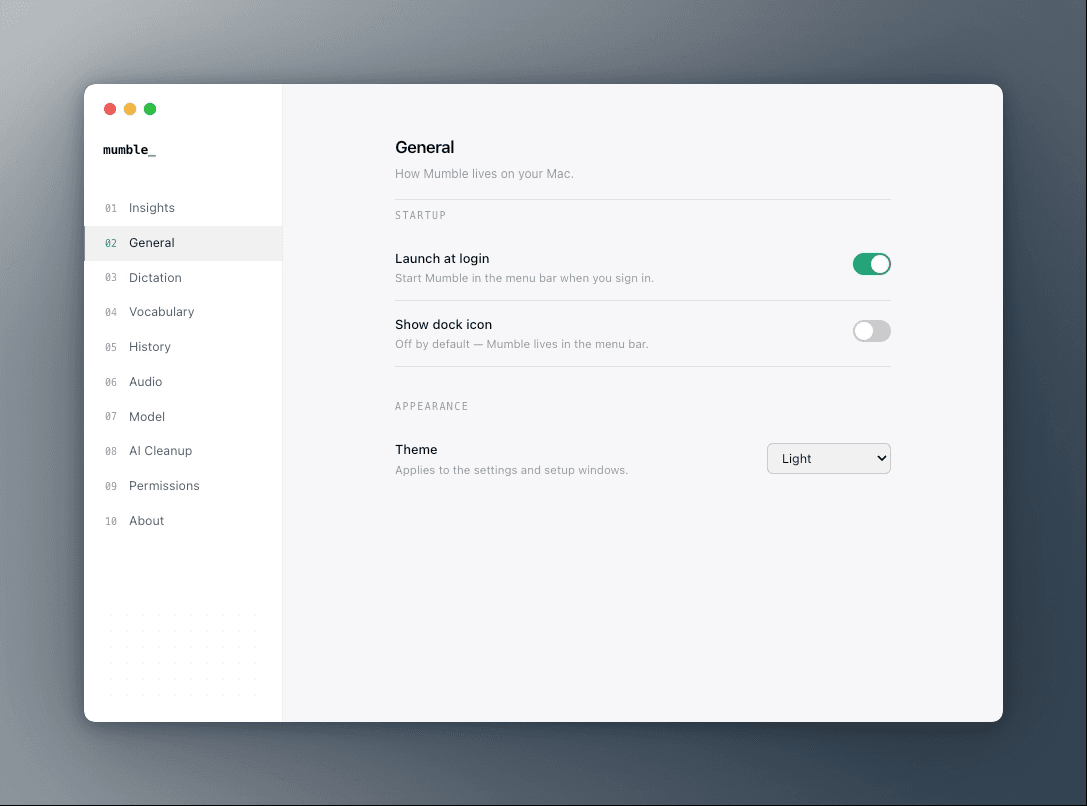 Mumble's General pane with launch at login, dock icon, and theme settings.