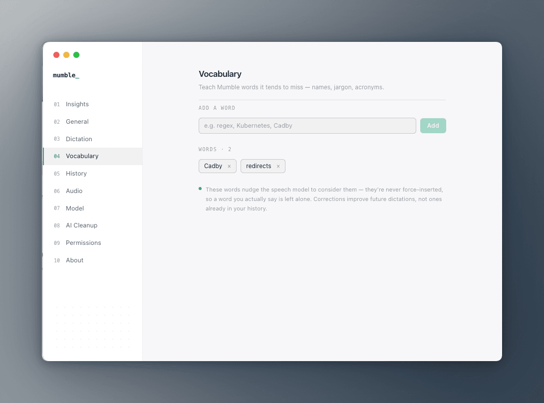 Mumble's Vocabulary pane with a field for adding words and two saved terms.